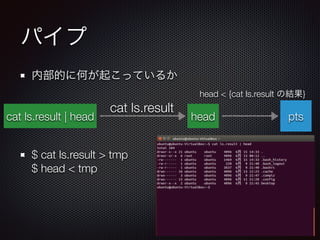 パイプ
内部的に何が起こっているか
!
!
$ cat ls.result > tmp 
$ head < tmp
ptscat ls.result | head head
cat ls.result
head < {cat ls.result の結果}
 