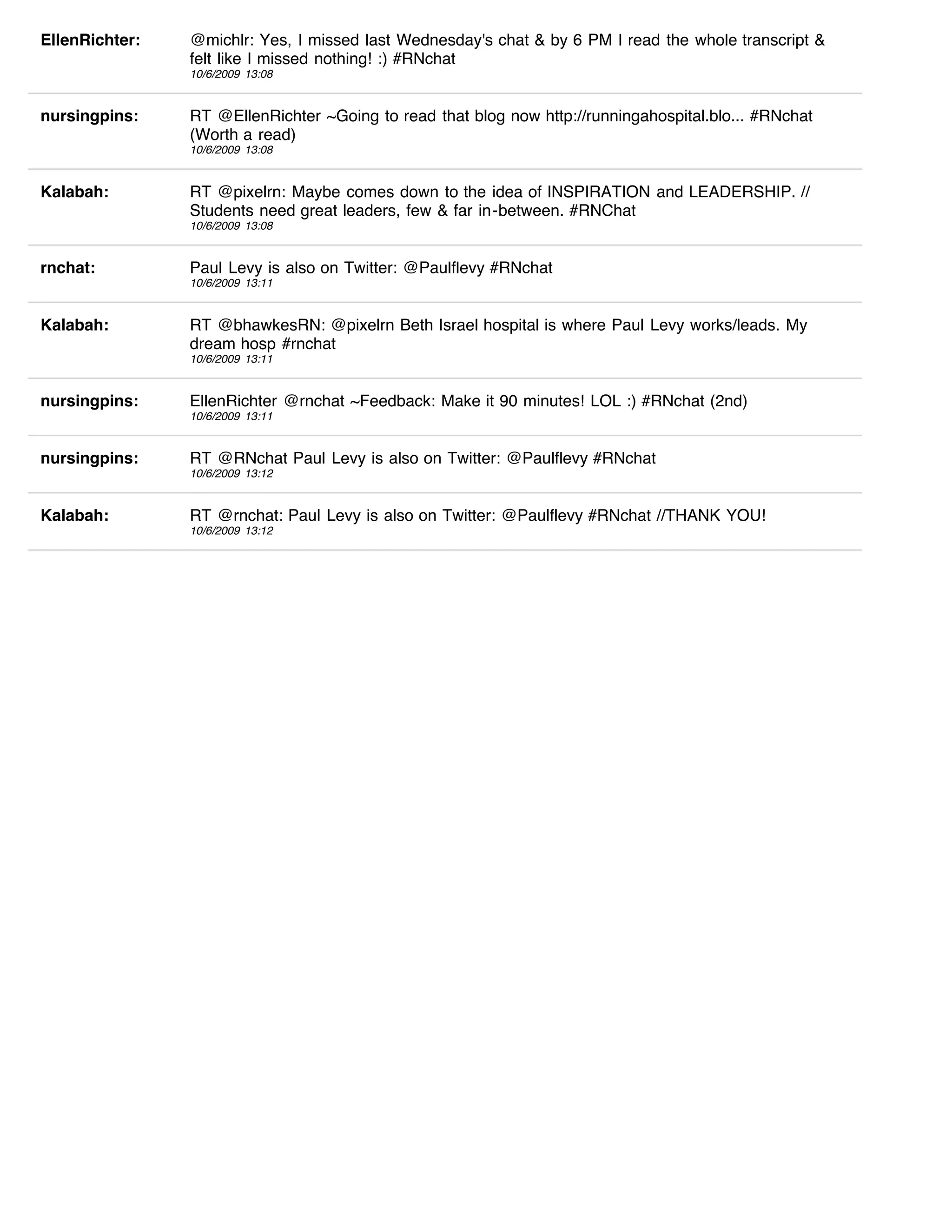 EllenRichter:   @michlr: Yes, I missed last Wednesday's chat & by 6 PM I read the whole transcript &
                felt like I missed nothing! :) #RNchat
                10/6/2009 13:08


nursingpins:    RT @EllenRichter ~Going to read that blog now http://runningahospital.blo... #RNchat
                (Worth a read)
                10/6/2009 13:08


Kalabah:        RT @pixelrn: Maybe comes down to the idea of INSPIRATION and LEADERSHIP. //
                Students need great leaders, few & far in-between. #RNChat
                10/6/2009 13:08


rnchat:         Paul Levy is also on Twitter: @Paulflevy #RNchat
                10/6/2009 13:11


Kalabah:        RT @bhawkesRN: @pixelrn Beth Israel hospital is where Paul Levy works/leads. My
                dream hosp #rnchat
                10/6/2009 13:11


nursingpins:    EllenRichter @rnchat ~Feedback: Make it 90 minutes! LOL :) #RNchat (2nd)
                10/6/2009 13:11


nursingpins:    RT @RNchat Paul Levy is also on Twitter: @Paulflevy #RNchat
                10/6/2009 13:12


Kalabah:        RT @rnchat: Paul Levy is also on Twitter: @Paulflevy #RNchat //THANK YOU!
                10/6/2009 13:12
 