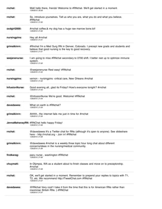 rnchat:          Well hello there, friends! Welcome to #RNchat. We'll get started in a moment.
                 1/29/2010 20:59


rnchat:          So, introduce yourselves. Tell us who you are, what you do and what you believe.
                 #RNchat
                 1/29/2010 21:00


ocdgirl2000:     #rnchat coffee,& my dog has a huge raw marrow bone.lol!
                 1/29/2010 21:00


nursingpins:     Hey all #rnchat
                 1/29/2010 21:01


grimalkinrn:     #Rnchat I'm a Med Surg RN in Denver, Colorado. I precept new grads and students and
                 believe that good nursing is the key to good recovery.
                 1/29/2010 21:01


seejanenurse:    I am going to miss #RNchat secondary to 0700 shift. I better rest up to optimize immune
                 system.
                 1/29/2010 21:02


rnchat:          @seejanenurse Rest easy! #RNchat
                 1/29/2010 21:02


nursingpins:     vernon - nursingpins -critical care, New Orleans #rnchat
                 1/29/2010 21:02


InfusionNurse:   Good evening all...glad its Friday!! How's everyone tonight? #rnchat
                 1/29/2010 21:03


rnchat:          @InfusionNurse We're good. Welcome! #RNchat
                 1/29/2010 21:04


davedawes:       What on earth is #RNchat?
                 1/29/2010 21:04


grimalkinrn:     Ahhhh.. the internet fails me just in time for #rnchat
                 1/29/2010 21:05


JennaMahanayRN: #RNChat hello happy Friday!
                 1/29/2010 21:06


rnchat:          @davedawes It's a Twitter chat for RNs (although it's open to anyone). See slideshare
                 here - http://rnchat.org - Join in! #RNchat
                 1/29/2010 21:06


grimalkinrn:     @davedawes #rnchat is a weekly three topic hour long chat about different
                 concerns/ideas in the nursing/medical community.
                 1/29/2010 21:06


findkarag:       pacu nurse , washington #RNchat
                 1/29/2010 21:06


chuymatt:        In Olympia, WA as a student about to finish classes and move on to preceptorship.
                 #rnchat
                 1/29/2010 21:06


rnchat:          OK, we'll get started in a moment. Remember to prepend your replies to topics with T1,
                 T2, etc. We recommend http://TweetChat.com #RNchat
                 1/29/2010 21:07


davedawes:       @RNchat Very cool! I take it from the time that this is for American RNs rather than
                 insomniac British RNs :) #RNChat
                 1/29/2010 21:07
 