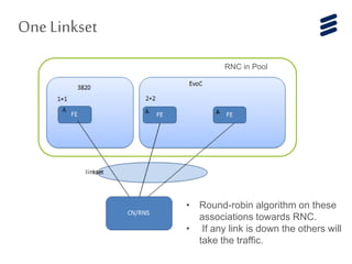 One Linkset
• Round-robin algorithm on these
associations towards RNC.
• If any link is down the others will
take the traffic.
RNC in Pool
 