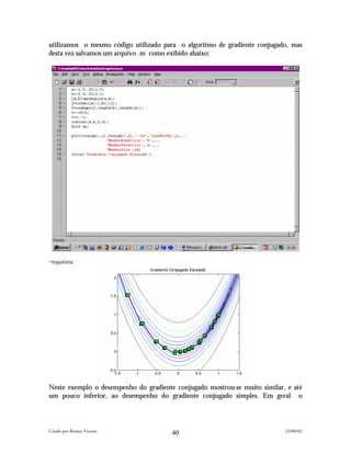 utilizamos o mesmo código utilizado para o algoritmo de gradiente conjugado, mas
desta vez salvamos um arquivo .m como exibido abaixo:




>trajetória




Neste exemplo o desempenho do gradiente conjugado mostrou-se muito similar, e até
um pouco inferior, ao desempenho do gradiente conjugado simples. Em geral o




Criado por Renato Vicente                                                  23/06/02
                                       40
 