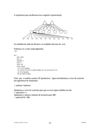 A arquitetura que escolhemos tem a seguinte representação:




As unidades de saída são lineares e as unidades internas são tanh .

Podemos ver a rede criada digitando:
>net

net =
     type: 'mlp'
     nin: 12
     nhidden: 7
     nout: 2
     nwts: 107
     actfn: 'linear'
      w1: [12x7 double]
      b1: [-0.1817 0.3313 -0.2486 0.0904 -0.1714 -0.3418 0.3177]
      w2: [7x2 double]
      b2: [0.1880 0.5289]

Note que o modelo contém 107 parâmetros. Agora inicializamos o vetor de controle
dos algoritmos de otimização:

>options=foptions;

Ajustamos o vetor de controles para que os erros sejam exibidos na tela:
>options(1)=1;
Ajustamos o número máximo de iterações para 500;
>options(14)=500;




Criado por Renato Vicente                                                    05/08/02
                                                   69
 