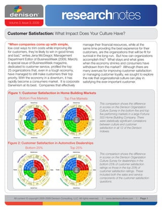 Volume 3, Issue 3, 2009
                                                                                                       researchnotes
Customer Satisfaction: What Impact Does Your Culture Have?

“When companies come up with simple,                                                                                                                 manage their financial resources, while at the
low cost ways to trim costs while improving life                                                                                                     same time providing the best experience for their
for customers, they’re likely to win in good times                                                                                                   customers, are the organizations that will be fit for
and bad,” writes Jena McGregor, Management                                                                                                           survival in the long-run. But how can organizations
Department Editor of BusinessWeek (2009, March).                                                                                                     accomplish this? What stays and what goes
A special issue of BusinessWeek magazine,                                                                                                            when the economy shrinks and consumers have
dedicated to customer service, profiled the top                                                                                                      withdrawn from the market? Although there are
25 organizations that, even in a tough economy,                                                                                                      many avenues for improving customer satisfaction
have managed to still make customers their top                                                                                                       or managing customer loyalty, we sought to explore
priority. With the economy in a downturn, it has                                                                                                     the role that organizational culture can play in
rapidly become a consumers market. It is corporate                                                                                                   satisfying the ever-important customer.
Darwinism at its best. Companies that effectively

Figure 1: Customer Satisfaction in Home Building Markets
                          Home Builder

                      Bottom Five Markets                                                                        Top Five Markets
                  Bottom Five Markets                                                                  Top Five Markets
                                     External Focus                                                                        External Focus
                                                                                                                                                                              This comparison shows the difference
                                                                                                                                                                              in scores on the Denison Organization
                                                     76                                                                    94               95

                                         70
                                                                  79                                        94                                           92
                                                                                                                                                                              Culture Survey in the bottom five and top
                          64
                                                                                                                                                                              five performing markets in a large Fortune
                          44
                                          Beliefs and
                                                                        77                             83
                                                                                                                                 Beliefs and
                                                                                                                                                              95
                                                                                                                                                                              500 Home Building Company. There
       Flexible                                                              Stable         Flexible                                                               Stable

                     61
                                         Assumptions

                                                                   69
                                                                                                                                Assumptions
                                                                                                                                                                              were statistically significant correlations
                                                                                                       90                                                     95


                          73
                                                                                                                                                                              between culture and customer
                                         67        73
                                                                  76                                        96                                           96
                                                                                                                                                                              satisfaction in all 12 of the Denison
                                                                                                                           94               94
                                                                                                                                                                              indexes.

                                      Internal Focus                                                                        Internal Focus


  Dealership Overall Customer464
                          N = Satisfaction                                                                                  N = 286
Figure 2: Customer Satisfaction in Automotive Dealerships
                      Bottom25%
                        Bottom
                               25%                                                                                Top 25%
                                                                                                                    Top 25%


                                     External Focus                                                                        External Focus
                                                                                                                                                                              This comparison shows the difference
                                                                                                                                                                              in scores on the Denison Organization
                                                                                                                           76

                                      59           54
                                                                                                            89
                                                                                                                                          75                                  Culture Survey for dealerships in the
                          74
                                           NA   NA
                                                             53
                                                                                                                                 NA    NA
                                                                                                                                                    75
                                                                                                                                                                              bottom 25% of customer satisfaction
                     67
                               NA
                                    NA

                                          Beliefs and NA
                                                        NA
                                                                  74                                   79              NA
                                                                                                                      NA
                                                                                                                                 Beliefs and NA
                                                                                                                                               NA             87
                                                                                                                                                                              ratings vs those in the top 25% of
   Flexible                                                                    Stable   Flexible                                                                     Stable

                     53
                               NA
                                         Assumptions
                                                       NA                                                             NA
                                                                                                                                Assumptions
                                                                                                                                              NA
                                                                                                                                                                              customer satisfaction ratings. These
                                    NA                  NA              76                             76                  NA                  NA             91
                               38
                                           NA NA

                                                             70                                                  66
                                                                                                                                 NA NA
                                                                                                                                                                              included both the sales and service
                                         43

                                                   57                                                                       69
                                                                                                                                                         87
                                                                                                                                                                              components of the customer satisfaction
                                                                                                                                            78
                                                                                                                                                                              questions.

                                     Internal Focus                                                                        Internal Focus


                                         N = 36                                                                                 N = 36



    All content © copyright 2005-2009 Denison Consulting, LLC. All rights reserved.                                                                                             l   www.denisonculture.com   l   Page 1
 