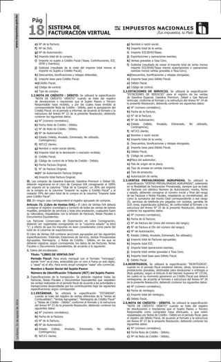 18
Pág
SISTEMA DE
FACTURACIÓN VIRTUAL
www.impuestos.gob.boLaRazón,31deagostode2014
e)	Nº de la Factura;
f)	 Nº de DUI;
g)	Nº de Autorización;
h)	Importe total de la compra;
i)	 Importe no sujeto a Crédito Fiscal (Tasas, Contribuciones, ICE,
IEHD y Exentos);
j)	 Subtotal (resultado de la resta del importe total menos el
importe no Sujeto a Crédito Fiscal);
k)	Descuentos, bonificaciones y rebajas obtenidas;
l)	 Importe base para Crédito Fiscal;
m)Crédito Fiscal;
n)	Código de control;
o)	Tipo de compra.
2.2.NOTA DE CRÉDITO - DÉBITO. Se utilizará la especificación
“NOTA DE CRÉDITO -DÉBITO” cuando se trate del registro
de devoluciones o rescisiones que el Sujeto Pasivo o Tercero
Responsable haya recibido, y por las cuales haya emitido la
correspondiente Nota de Crédito - Débito, para la apropiación del
Crédito Fiscal, en el periodo a informar, de acuerdo al formato y la
estructura del Anexo N° 22 de la presente Resolución, debiendo
contener los siguientes datos:
a)	N° (número correlativo);
b)	Fecha Nota de Crédito - Débito;
c)	N° de Nota de Crédito - Débito;
d)	N° de Autorización;
e)	Estado (Válido, Anulado, Extraviado, No utilizado,
Contingencia);
f)	 NIT/CI cliente;
g)	Nombre o razón social cliente;
h)	Importe total de la devolución o rescisión recibida;
i)	 Crédito Fiscal;
j)	 Código de control de la Nota de Crédito - Débito;
k)	Fecha Factura Original;
l)	 N° de Factura Original;
m)N° de Autorización Factura Original;
n)	Importe total Factura Original.
II. Las compras de Gasolina Especial, Gasolina Premium o Diésel Oíl,
deberán registrarse en el Libro de Compras IVA consignando el 100%
del importe en la columna “Total de la Compra”, un 30% del importe
de la compra en la columna “Importe no sujeto a Crédito Fiscal” y el
restante 70% del valor total de la compra en la columna “Importe base
para Crédito Fiscal”.
III. En ningún caso corresponderá el registro agrupado de compras.
Artículo 75. (Libro de Ventas IVA).- El Libro de Ventas IVA deberá
consignar el registro cronológico y correcto de todas las ventas de bienes
muebles, prestación de servicios y toda otra prestación, cualquiera fuere
su naturaleza, respaldadas con la emisión de Facturas, Notas Fiscales o
Documentos Equivalentes.
Las Facturas Comerciales de Exportación en Libre Consignación,
deberán ser registradas consignando en la “columna estado” la letra
“L”, a efecto de que los importes no sean considerados como parte del
total de la columna de exportaciones.
El Libro de Ventas IVA contiene secciones agrupadas por las siguientes
especificaciones: Estándar, Estaciones de Servicio, Ventas Prevaloradas
Agrupadas, Reintegros y Notas de Crédito - Débito, en las que se
deberán registrar, según corresponda, los datos de las Facturas, Notas
Fiscales o Documentos Equivalentes, de acuerdo a lo siguiente:
1. Datos del encabezado:
Título: “LIBRO DE VENTAS IVA”
Periodo Fiscal: Para envío mensual con el formato “mm/aaaa”,
donde “mm” es el mes, antecedido por un cero si fuera un solo dígito,
y “aaaa” es el año. Para envío anual consignar “aaaa” año comercial.
Nombre o Razón Social del Sujeto Pasivo
Número de Identificación Tributaria (NIT) del Sujeto Pasivo
2. Especificaciones de la transacción: Se deberán registrar todas las
Facturas, Notas Fiscales o Documentos Equivalentes que respalden
las ventas realizadas en el periodo fiscal de acuerdo a las actividades y
transacciones desarrolladas por los contribuyentes bajo las siguientes
especificaciones según corresponda:
2.1.ESTÁNDAR. Se utilizará la especificación “ESTÁNDAR”,
cuando se trate del registro de ventas diferentes de la “Venta de
Combustibles”, “Ventas Agrupadas”, “Reintegros de Crédito Fiscal”
y “Notas de Crédito - Débito”, conforme el formato y la estructura
del Anexo N° 23 de la presente Resolución, debiendo contener los
siguientes datos:
a)	N° (número correlativo);
b)	Fecha de la Factura;
c)	N° de la Factura;
d)	N° de Autorización;
e)	Estado (Válido, Anulado, Extraviado, No utilizado,
Contingencia);
f)	 NIT/CI cliente;
g)	Nombre o razón social;
h)	Importe total de la venta;
i)	 Importe ICE/IEHD/Tasas;
j)	 Exportaciones y operaciones exentas;
k)	Ventas gravadas a Tasa Cero;
l)	 Subtotal (resultado de restar el importe total de venta menos
importe ICE/IEHD/Tasas menos exportaciones y operaciones
exentas menos ventas gravadas a Tasa Cero);
m)Descuentos, bonificaciones y rebajas otorgadas;
n)	Importe base para Débito Fiscal;
o)	Débito Fiscal;
p)	Código de control.
2.2.ESTACIONES DE SERVICIO. Se utilizará la especificación
“ESTACIONES DE SERVICIO” para el registro de las ventas
de Gasolina Especial, Gasolina Premium, Diésel y Gas Natural
Vehicular, conforme el formato y la estructura del Anexo N° 24 de
la presente Resolución, debiendo contener los siguientes datos:
a)	N° (número correlativo);
b)	Fecha de la Factura;
c)	 N° de la Factura;
d)	N° de Autorización;
e)	Estado (Válido, Anulado, Extraviado, No utilizado,
Contingencia);
f)	 NIT/CI cliente;
g)	Nombre o razón social;
h)	Importe total de la venta;
i)	 Descuentos, bonificaciones y rebajas otorgadas;
j)	 Importe base para Débito Fiscal;
k)	Débito Fiscal;
l)	 Código de control;
m)Placa del automotor;
n)	País de origen de la placa;
o)	Tipo de envase en ventas menores;
p)	Tipo de producto;
q)	Autorización de venta.
2.3.VENTAS PREVALORADAS AGRUPADAS. Se utilizará la
especificación “VENTAS PREVALORADAS AGRUPADAS”, solamente
en la Modalidad de Facturación Prevalorada, siempre que se trate
de Facturas con idéntico Número de Autorización, monto, fecha
y estado, debiendo consignar el número inicial y final del rango
de las Facturas o Notas Fiscales, respetando su correlatividad, así
como la sumatoria del monto total correspondiente a ese rango
(Ej. servicios de telefonía pre pagados con tarjetas, garrafas de
GLP, cines, espectáculos públicos), de conformidad al formato y la
estructura del Anexo N° 25 de la presente Resolución, debiendo
contener los siguientes datos:
a)	N° (número correlativo);
b)	Fecha de la Factura;
c)	N° de Factura del (inicio del número del rango);
d)	N° de Factura al (fin del número del rango);
e)	N° de Autorización;
f)	 Estado (Válido, Anulado, Extraviado, No utilizado);
g)	Importe total de Facturas agrupadas;
h)	Importe total ICE;
i)	 Importe total operaciones exentas;
j)	 Importe total ventas gravadas a Tasa Cero;
k)	Importe total base para Débito Fiscal;
l)	 Débito Fiscal.
2.4.REINTEGROS. Se utilizará la especificación “REINTEGROS”,
cuando en el periodo fiscal existieran bienes, obras, locaciones o
prestaciones gravadas, destinadas para donaciones o entregas a
título gratuito, según el Artículo 8 del Decreto Supremo N° 21530,
las cuales en su momento generaron un Crédito Fiscal que deberá
reintegrarse, de acuerdo al formato y estructura del Anexo N° 26
de la presente Resolución, debiendo contener los siguientes datos:
a)	Nº (número correlativo);
b)	Fecha de reintegro;
c)	Importe total del reintegro;
d)	Débito Fiscal.
2.5.NOTA DE CRÉDITO - DÉBITO. Se utilizará la especificación
“NOTA DE CRÉDITO -DÉBITO” cuando se trate del registro
de devoluciones o rescisiones que el Sujeto Pasivo o Tercero
Responsable como comprador haya efectuado, y que estén
respaldadas por Notas de Crédito - Débito en el periodo fiscal, para
el registro del Débito Fiscal, de acuerdo al formato y la estructura
del Anexo N° 27 de la presente Resolución, debiendo contener los
siguientes datos:
a)	Nº (número correlativo);
b)	Fecha Nota de Crédito - Débito;
c)	Nº de Nota de Crédito - Débito;
 
