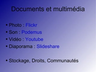 Documents et multimédia Photo :  Flickr Son :  Podemus Vidéo :  Youtube Diaporama :  Slideshare Stockage, Droits, Communautés 