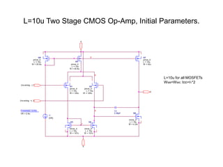 L=10u Two Stage CMOS Op-Amp, Initial Parameters.
8
3
PARAMETERS:
VR = 2.6u
M2
pmos_tr
L = 10u
W = 125u
M4
nmos_tr
L = 10u
W = 107u
M6
nmos_tr
L = 10u
W = 4.3m
M8
pmos_tr
W = 20.8u
L = 10u
(Inv erting: +)
(Inv erting: -)
M5
pmos_tr
L = 10u
W = 20.8u
M1
pmos_tr
L = 10u
W = 125u
M3
nmos_tr
L = 10u
W = 107u
77
6
M7
pmos_tr
W = 42u
L = 10u
9
I1
{VR}
Cc
0.58pF
1
2
4
5
L=10u for all MOSFETs
WM8=WM5: IDD=I1*2
 