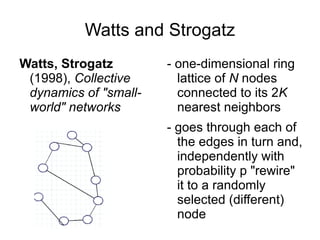 Watts and Strogatz Watts, Strogatz  (1998),  Collective dynamics of "small-world" networks - one-dimensional ring lattice of  N  nodes connected to its 2 K  nearest neighbors  - goes through each of the edges in turn and, independently with probability p "rewire" it to a randomly selected (different) node 