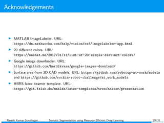 Acknowledgements
MATLAB ImageLabeler. URL:
https://de.mathworks.com/help/vision/ref/imagelabeler-app.html
20 diﬀerent colors. URL:
https://sashat.me/2017/01/11/list-of-20-simple-distinct-colors/
Google image downloader. URL:
https://github.com/hardikvasa/google-images-download/
Surface area from 3D CAD models. URL: https://github.com/robocup-at-work/models
and https://github.com/rockin-robot-challenge/at_work_models
HBRS latex beamer template. URL:
https://git.fslab.de/mmklab/latex-templates/tree/master/presentation
Naresh Kumar Gurulingan Sematic Segmentation using Resource Eﬃcient Deep Learning 29/31
 