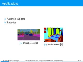 Applications
a Autonomous cars
b Robotics
(a) Street scene [1]
(b) Indoor scene [2]
Naresh Kumar Gurulingan Sematic Segmentation using Resource Eﬃcient Deep Learning 5/31
 