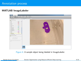 Annotation process
MATLAB ImageLabeler
Figure 4: A sample object being labeled in ImageLabeler.
Naresh Kumar Gurulingan Sematic Segmentation using Resource Eﬃcient Deep Learning 8/31
 