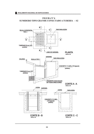 PLANTA 
ESCALA 1:25 
CORTE A - A 
ESCALA 1:25 
CORTE C - C 
REGLAMENTO NACIONAL DE EDIFICACIONES 
B 
TUBERIAØ 25 mm (10) 
CORTE B - B 
ESCALA 1:25 
TAPA PARAACERA 
A A 
B 
C 
C 
REJILLA HORIZONTAL 
TIPO 1 
TAPA PARAACERA 
(mínimo) 
CALZADA REJILLA TIPO 1 
TAPAACERA 
ACERA 
ESCALA 1:25 
LINEA DE SARDINEL 
SARDINEL 
PENDIENTE HACIA SALIDA 
EN TODAS DIRECCIONES 
ACERA 
SARDINEL 
CONCRETO 17.2 MPa (175 Kg/cm2) 
(mínimo) 
CONCRETO 17.2 MPa 
(175 Kg/cm2) 
(mínimo) 
TUBERIAØ 25 mm (10) 
(mínimo) 
FIGURA Nº 6 
SUMIDERO TIPO GRANDE CONECTADO ATUBERIA – S2 
66 
 