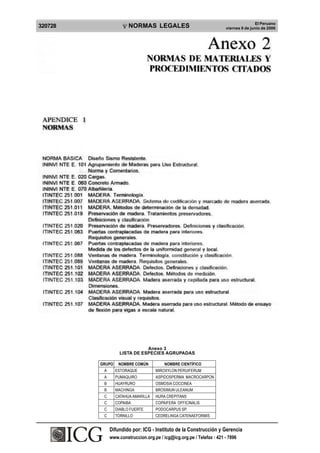 UB
                                   LICA DEL P




                                                                                                           El Peruano
                                                          NORMAS LEGALES
                                              E
                         EP                       R
                                                      U




320728
                     R




                                                                                           viernes 9 de junio de 2006




                              Anexo 3
                   LISTA DE ESPECIES AGRUPADAS

         GRUPO    NOMBRE COMÚN                                      NOMBRE CIENTÍFICO
          A      ESTORAQUE                                      MIROXYLON PERUIFERUM
          A      PUMAQUIRO                                      ASPIDOSPERMA MACROCARPON
          B      HUAYRURO                                       OSMOSIA COCCINEA
          B      MACHINGA                                       BROSIMUN ULEANUM
          C      CATAHUA AMARILLA                               HURA CREPITANS
          C      COPAIBA                                        COPAIFERA OFFICINALIS
          C      DIABLO FUERTE                                  PODOCARPUS SP.
          C      TORNILLO                                       CEDRELINGA CATENAEFORMIS


              Difundido por: ICG - Instituto de lala Construcción y Gerencia
                 Difundido por: ICG - Instituto de Construcción y Gerencia
              www.construccion.org.pe/ /icg@icgmail.org / /Telefax : 421 - 7896
                www.construccion.org icg@icg.org.pe Telefax : 421 - 7896
 