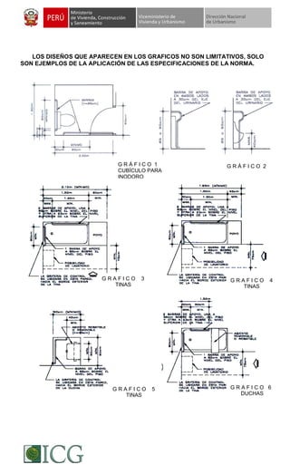LOS DISEÑOS QUE APARECEN EN LOS GRAFICOS NO SON LIMITATIVOS, SOLO
SON EJEMPLOS DE LA APLICACIÓN DE LAS ESPECIFICACIONES DE LA NORMA.
G R Á F I C O 1
CUBÍCULO PARA
INODORO
G R A F I C O 3
TINAS
G R A F I C O 5
TINAS
G R A F I C O 4
TINAS
G R Á F I C O 2
G R A F I C O 6
DUCHAS
Difundido por: ICG - Instituto de la Construcción y Gerencia
www.construccion.org / icg@icgmail.org / Telefax : 421 - 7896
 