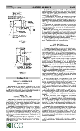 El Peruano
viernes 9 de junio de 2006 320677NORMAS LEGALES
R
EPUBLICA DEL PER
U
GRÁFICO 5
TINAS
GRÁFICO 6
DUCHAS
NORMA A.130
REQUISITOS DE SEGURIDAD
GENERALIDADES
Artículo 1.- Las edificaciones, de acuerdo con su uso
y número de ocupantes, deben cumplir con los requisitos
de seguridad y prevención de siniestros que tienen como
objetivo salvaguardar las vidas humanas y preservar el
patrimonio y la continuidad de la edificación.
CAPITULO I
SISTEMAS DE EVACUACIÓN
Artículo 2.- El presente capitulo desarrollará todos los
conceptos y cálculos necesarios para asegurar un ade-
cuado sistema de evacuación dependiendo del tipo y uso
de la edificación. Estos son requisitos mínimos que debe-
rán ser aplicados a las edificaciones.
Artículo 3.- Todas las edificaciones tienen una deter-
minada cantidad de personas en función al uso, la canti-
dad y forma de mobiliario y/o el área de uso disponible
para personas. Cualquier edificación puede tener distin-
tos usos y por lo tanto variar la cantidad de personas y el
riesgo en la misma edificación siempre y cuando estos
usos estén permitidos en la zonificación establecida en el
Plan Urbano.
El cálculo de ocupantes de una edificación se hará
según lo establecido para cada tipo en las normas espe-
cíficas A.020, A.030, A.040, A.050, A.060, A.070, A.080,
A.090, A.100 y A.110.
En los tipos de locales en donde se ubique mobiliario
especifico para la actividad a la cual sirve, como butacas,
mesas, maquinaria (cines, teatros, estadios, restaurantes,
hoteles, industrias), deberá considerarse una persona por
cada unidad de mobiliario.
La comprobación del cálculo del número de ocupan-
tes (densidad), deberá estar basada en información esta-
dística para cada uso de la edificación, por lo que los pro-
pietarios podrán demostrar aforos diferentes a los calcu-
lados según los estándares establecidos en este regla-
mento.
El Ministerio de Vivienda en coordinación con las Mu-
nicipalidades y las Instituciones interesadas efectuarán los
estudios que permitan confirmar las densidades estable-
cidas para cada uso.
Artículo 4.- Sin importar el tipo de metodología utiliza-
do para calcular la cantidad de personas en todas las áreas
de una edificación, para efectos de cálculo de cantidad de
personas debe utilizarse la sumatoria de todas las perso-
nas (evacuantes). Cuando exista una misma área que ten-
ga distintos usos deberá utilizarse para efectos de cálcu-
lo, siempre el de mayor densidad de ocupación.
Ninguna edificación puede albergar mayor cantidad de
gente a la establecida en el aforo calculado.
SUB-CAPITULO I
PUERTAS DE EVACUACIÓN
Artículo 5.- Las salidas de emergencia deberán con-
tar con puertas de evacuación de apertura desde el inte-
rior accionadas por simple empuje. En los casos que por
razones de protección de los bienes, las puertas de eva-
cuación deban contar con cerraduras con llave, estas de-
berán tener un letrero iluminado y señalizado que indique
«Esta puerta deberá permanecer sin llave durante las ho-
ras de trabajo».
Artículo 6.- Las puertas de evacuación pueden o no
ser de tipo cortafuego, dependiendo su ubicación den-
tro del sistema de evacuación. El giro de las puertas
deben ser siempre en dirección del flujo de los evacuan-
tes, siempre y cuando el ambiente tenga más de 50
personas.
Artículo 7.- La fuerza necesaria para destrabar el pes-
tillo de una manija (cerradura) o barra antipánico será de
15 libras. La fuerza para empujar la puerta en cualquier
caso no será mayor de 30 libras fuerza.
Artículo 8.- Dependiendo del planteamiento de eva-
cuación, las puertas que se ubiquen dentro de una ruta o
como parte de una ruta o sistema de evacuación podrán
contar con los siguientes dispositivos:
a) Brazo cierra puertas: Toda puerta que forme parte
de un cerramiento contrafuego incluyendo ingresos a es-
caleras de evacuación, deberá contar con un brazo cierra
puertas aprobado para uso en puertas cortafuego
b) En caso se tengan puertas de doble hoja con cerra-
jería de un punto y cierra puertas independientes, deberá
considerarse un dispositivo de ordenamiento de cierre de
puertas.
c) Manija o tirador: Las puertas que no requieran ba-
rra antipánico deberán contar con una cerradura de mani-
ja. Las manijas para puertas de evacuación deberán ser
aprobadas y certificadas para uso de personas con disca-
pacidad.
d) Barra antipánico: Serán obligatorias, únicamente
para carga de ocupantes mayor a 100 personas en cual-
quier caso y en locales de reunión mayores de 50 perso-
nas, locales de Salud y áreas de alto riesgo con más de 5
personas. La altura de la barra en la puerta deberá estar
entre 30" a 44". Las barras antipánico requeridas en puer-
tas con resistencia al fuego deben tener una certificación.
Artículo 9.- Cerraduras para salida retardada: Los dis-
positivos de salida retardada pueden ser utilizados en
cualquier lugar excepto: áreas de reunión, centros educa-
tivos y edificaciones de alto riesgo, siempre y cuando la
edificación se encuentre totalmente equipada con un sis-
tema de rociadores y un sistema de detección y alarma
de incendio adicionalmente deberán cumplir con las si-
guientes condiciones:
a) De producirse una alarma de incendio o una per-
dida de energía hacia el dispositivo, debe eliminarse el
retardo.
Difundido por: ICG - Instituto de la Construcción y Gerencia
www.construccion.org / icg@icgmail.org / Telefax : 421 - 7896
 