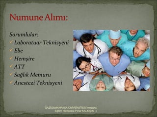 Sorumlular:
 Laboratuar Teknisyeni
 Ebe
 Hemşire
 ATT
 Sağlık Memuru
 Anestezi Teknisyeni




             GAZİOSMANPAŞA ÜNİVERSİTESİ mezunu
                   Eğitim Hemşiresi Pınar KALKIŞIM :)
 