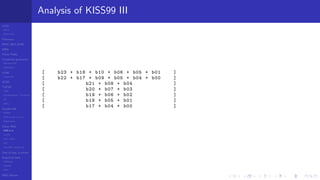 LCGs
MLCG
Mixed LCG
Fibonacci
MWC,AWC,SWB
MRG
Finite Fields
Combined generators
Wichman-Hill
MRG32k3a
LFSR
Tausworthe
GFSR
TGFSR
T800
Equidistribution, Tempering
MT
WELL
Parallel RN
SPRNG
PRN as easy as 1,2,3
RngStreams
Other RNG
KISS et al.
xorshift
Num recipes
GSL
Intel MKL statistic lib
Test of hyp, p-values
Empirical tests
DieHarder
TestU01
NIST
RNG failures
Analysis of KISS99 III
[ b23 + b18 + b10 + b06 + b05 + b01 ]
[ b22 + b17 + b09 + b05 + b04 + b00 ]
[ b21 + b08 + b04 ]
[ b20 + b07 + b03 ]
[ b19 + b06 + b02 ]
[ b18 + b05 + b01 ]
[ b17 + b04 + b00 ]
 