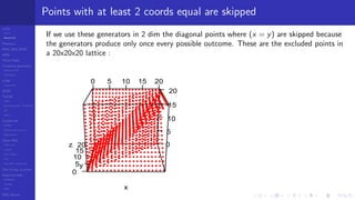 LCGs
MLCG
Mixed LCG
Fibonacci
MWC,AWC,SWB
MRG
Finite Fields
Combined generators
Wichman-Hill
MRG32k3a
LFSR
Tausworthe
GFSR
TGFSR
T800
Equidistribution, Tempering
MT
WELL
Parallel RN
SPRNG
PRN as easy as 1,2,3
RngStreams
Other RNG
KISS et al.
xorshift
Num recipes
GSL
Intel MKL statistic lib
Test of hyp, p-values
Empirical tests
DieHarder
TestU01
NIST
RNG failures
Points with at least 2 coords equal are skipped
If we use these generators in 2 dim the diagonal points where (x = y) are skipped because
the generators produce only once every possible outcome. These are the excluded points in
a 20x20x20 lattice :
20
15
y
10
5
0
z
5 10 15 20
0
5
10
15
20
x
0
 