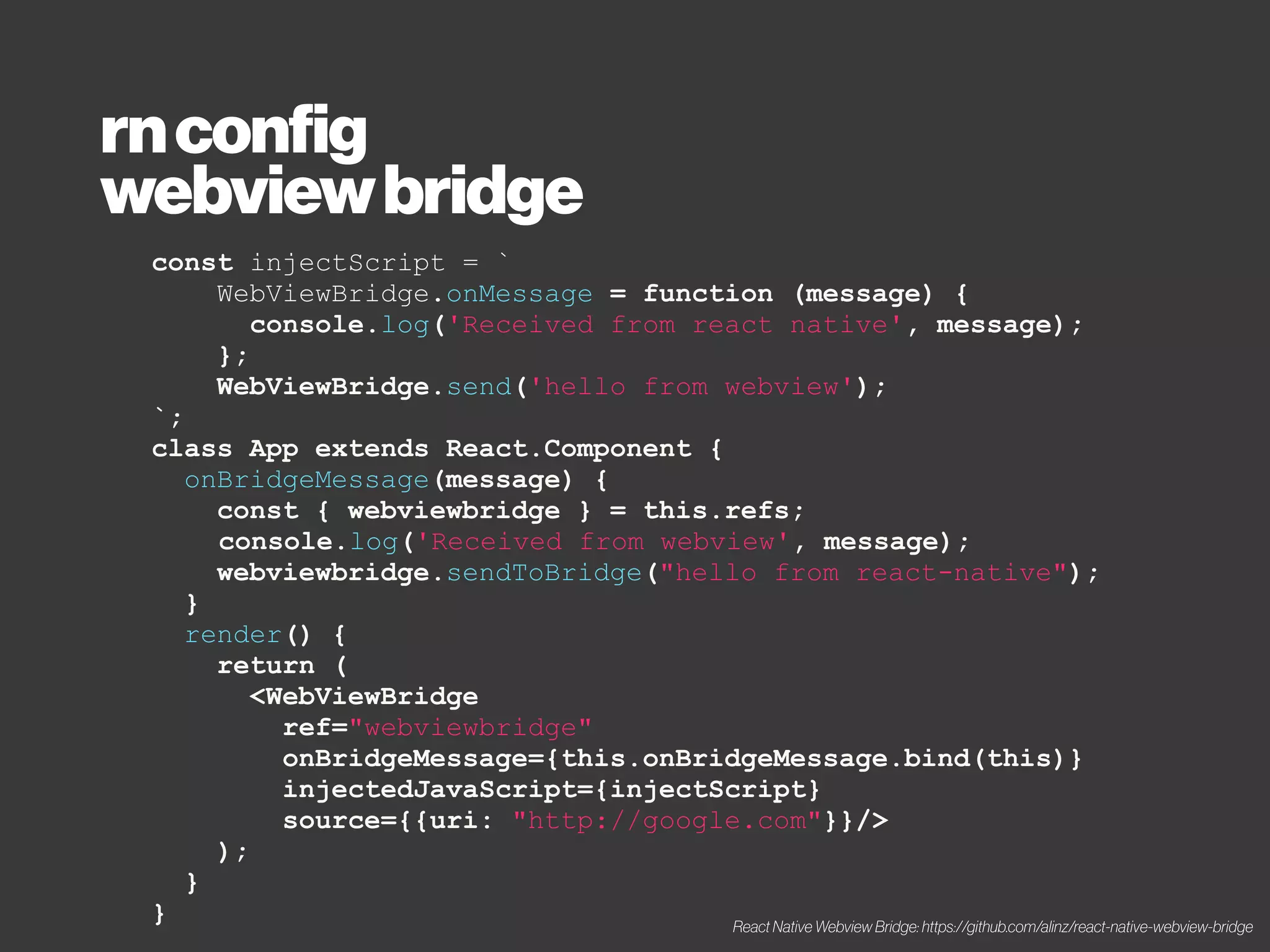 Tipagem no meio do javascript
// @flow
const foo = (b: boolean): string => (
(b) ? 'Hello' : 'World'
);
const bar: string = foo();
rnconfig
flow
 