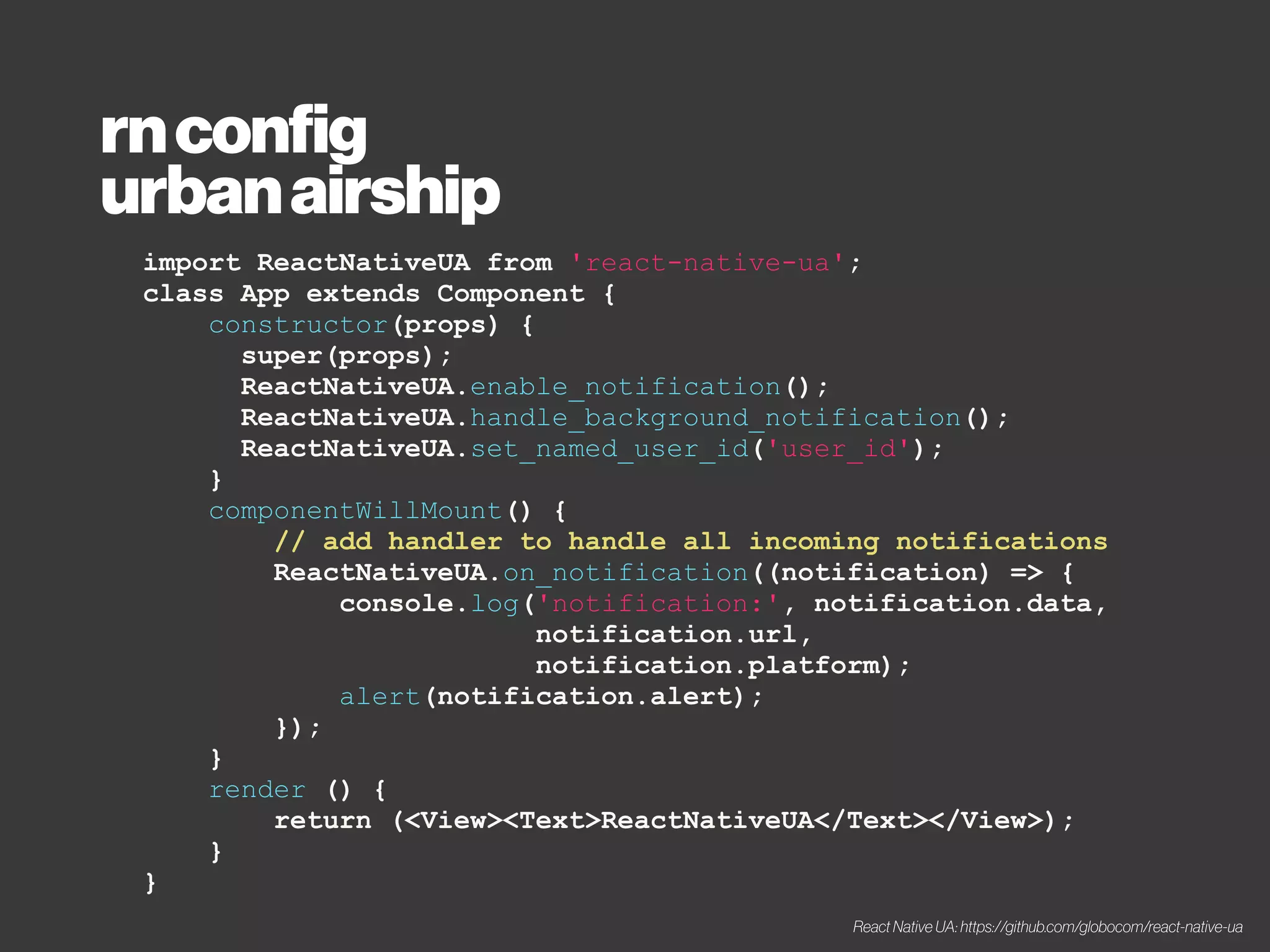 const { action, observable } = mobx;
const { observer } = mobxReact;
class CountStore {
@observable count = 0;
@action addCount() { this.count++; }
@action decCount() { this.count--; }
}
const store = new CountStore();
@observer
class App extends React.Component {
render() {
return (
<div>
<span>Contador: {store.count}</span>
<button onClick={() => store.addCount()}> + </button>
<button onClick={() => store.decCount()}> - </button>
</div>
);
}
}
ReactDOM.render(<App />, document.getElementById('app'));
rnconfig
mobx
Controle de estado global (https://jsbin.com/qizehep)
 