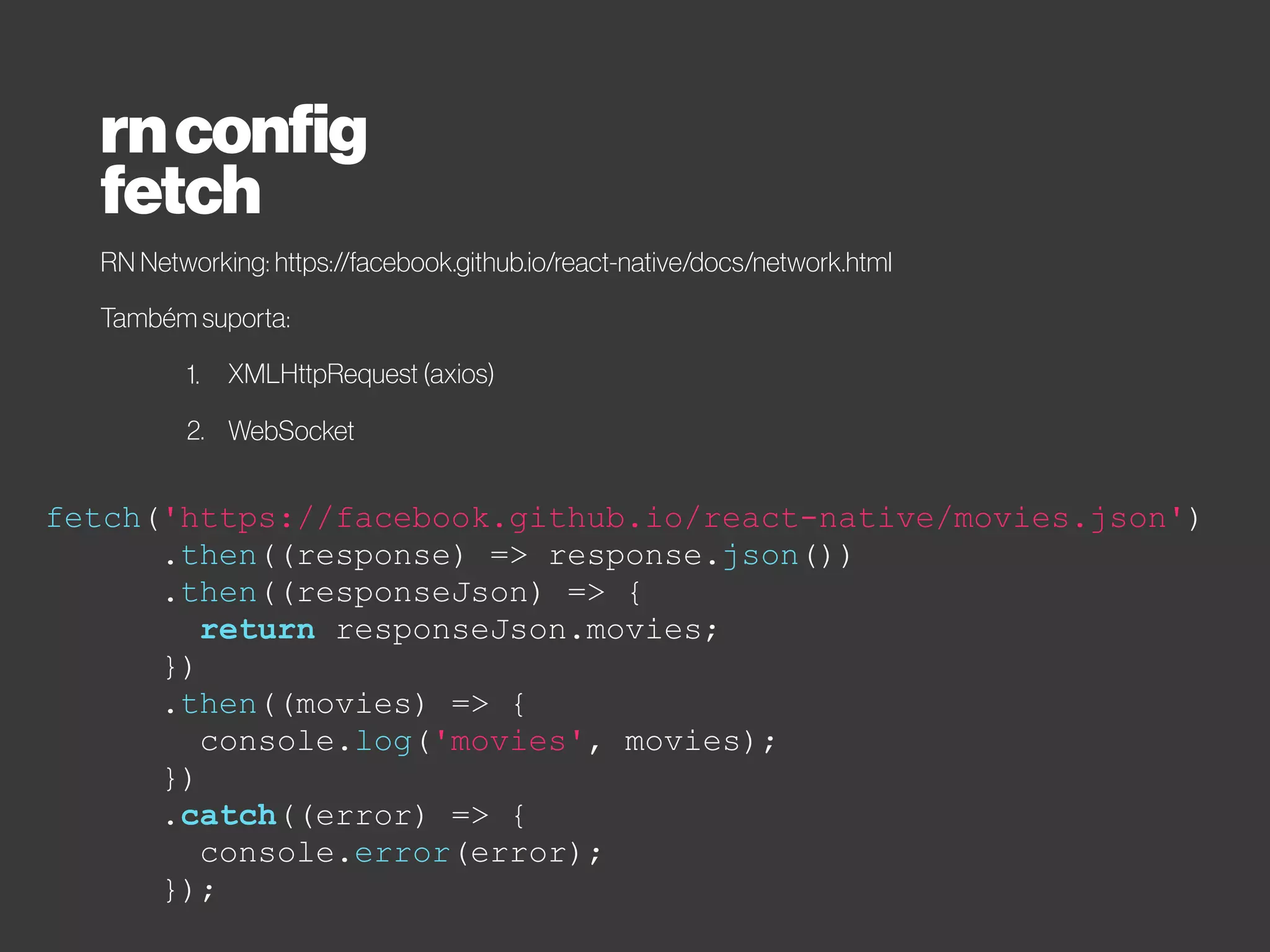 const injectScript = `
WebViewBridge.onMessage = function (message) {
console.log('Received from react native', message);
};
WebViewBridge.send('hello from webview');
`;
class App extends React.Component {
onBridgeMessage(message) {
const { webviewbridge } = this.refs;
console.log('Received from webview', message);
webviewbridge.sendToBridge("hello from react-native");
}
render() {
return (
<WebViewBridge
ref="webviewbridge"
onBridgeMessage={this.onBridgeMessage.bind(this)}
injectedJavaScript={injectScript}
source={{uri: "http://google.com"}}/>
);
}
}
rnconfig
webviewbridge
React Native Webview Bridge: https://github.com/alinz/react-native-webview-bridge
 