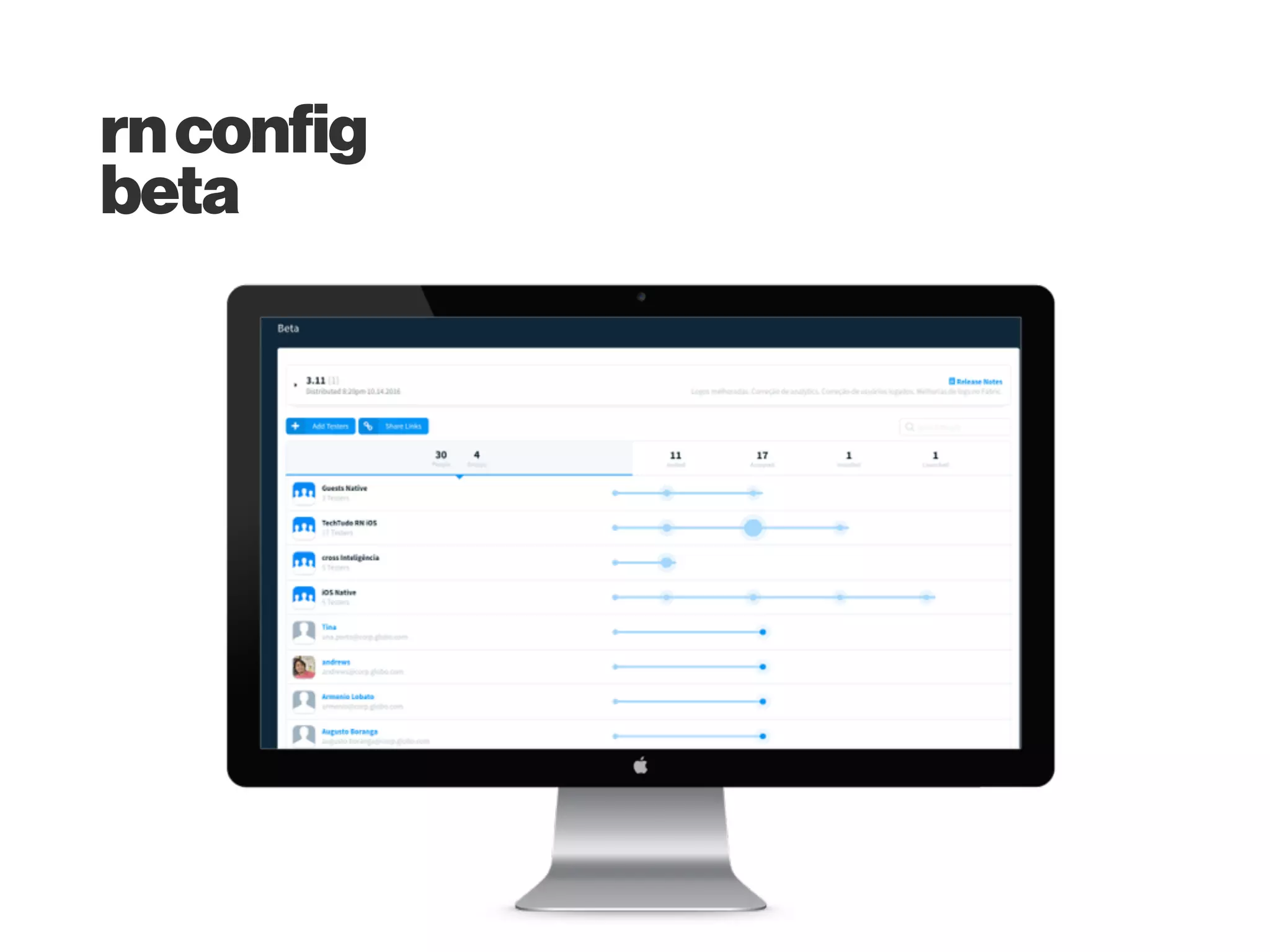 • RN Fabric: https://github.com/corymsmith/react-
native-fabric
• https://fabric.io/
1. Crashlytics
2. Beta
rnconfig
fabric
 