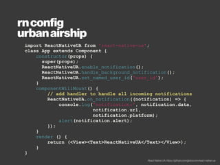 const { action, observable } = mobx;
const { observer } = mobxReact;
class CountStore {
@observable count = 0;
@action addCount() { this.count++; }
@action decCount() { this.count--; }
}
const store = new CountStore();
@observer
class App extends React.Component {
render() {
return (
<div>
<span>Contador: {store.count}</span>
<button onClick={() => store.addCount()}> + </button>
<button onClick={() => store.decCount()}> - </button>
</div>
);
}
}
ReactDOM.render(<App />, document.getElementById('app'));
rnconfig
mobx
Controle de estado global (https://jsbin.com/qizehep)
 