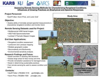 Orthorectified DT-MS3100
Aerial VNIR Images
1 meter resolution
Project Personnel:
Objective:
Remote Sensing Datasets used for Project:
End User Applications:
Research Findings and Future:
• Assess ability of remotely sensed spectral measurements to
characterize rangeland condition and monitor trend.
• Multitemporal VNIR Aerial Images
• ASD Field Spectroradiometer
• Landsat 5 Thematic Mapper Images
• Rangeland condition assessment
• Landcover and Landuse mapping
• Multiple geographic scales
• Biocomplexity and Biodiversity
• Environmental sensitivity analysis
• Assist ranchers in stocking rate decisions
• Assess large areas for less money and time
• Provide remediation assistance for damaged areas
• Assist in determining sustainable practices
• Can remote sensing be used to assess condition and
trend
•Geoff Folker, Kevin Price, and Loren Graf
Contacts:
• Geoff Folker: (785)864-1518 geofolk@ku.edu
• Kevin Price: (785)864-1500 price@ku.edu
Assessing Remote Sensing Methods for Characterizing Rangeland Conditions:
Influences of Grazing Practices on Biophysical and Spectral Responses
Study Area
Kansas
 