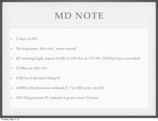 MD NOTE

                2 days of HA

                Hx migraines, this was “more severe”

                BP running high, repeat in ER at 1651 hrs at 175/99, 1705 hrs Gyn consulted

                1739hrs at 189/114

                1740 hrs Labetalol 10mg IV

                1849hrs Hydralazine ordered IV ? in MD note, not RN

                1911 Magnesium IV ordered 4 grams over 15 mins




Thursday, May 17, 12
 