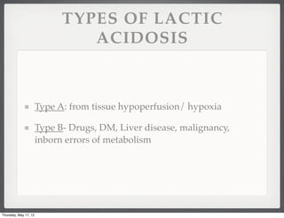TYPES OF LACTIC
                                ACIDOSIS



                       Type A: from tissue hypoperfusion/ hypoxia

                       Type B- Drugs, DM, Liver disease, malignancy,
                       inborn errors of metabolism




Thursday, May 17, 12
 
