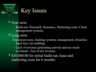 Key Issues
 Near term
   – Build out, Personell, Insurance, Marketing costs. Client
     management systems.
 Long term
   Expansion costs, training systems, management, franchise
     legal fees, tax auditing.
   – Lack of revenue generating activity and too much
     overhead = loss of net revenue.
 $30,000.00 for initial build out, lease and
  marketing costs for 6 months.
 