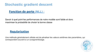 Stochastic gradient descent
(NLL) :
Une méthode généralement utilisée est de pénaliser les valeurs extrêmes des paramètres, qui
correspondent souvent à un surapprentissage.
Savoir à quel point les performances de notre modèle sont faible et donc
maximiser la probabilité de choisir la bonne classe
 