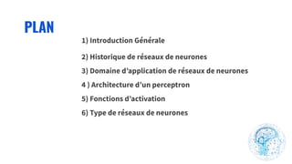 PLAN
7
1) Introduction Générale
2) Historique de réseaux de neurones
3) Domaine d’application de réseaux de neurones
4 ) Architecture d’un perceptron
5) Fonctions d’activation
6) Type de réseaux de neurones
 