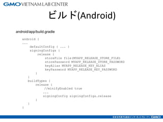 ビルド(Android)
11
android {
...
defaultConfig { ... }
signingConfigs {
release {
storeFile file(MYAPP_RELEASE_STORE_FILE)
storePassword MYAPP_RELEASE_STORE_PASSWORD
keyAlias MYAPP_RELEASE_KEY_ALIAS
keyPassword MYAPP_RELEASE_KEY_PASSWORD
}
}
buildTypes {
release {
//minifyEnabled true
...
signingConfig signingConfigs.release
}
}
}
android/app/build.gradle
 