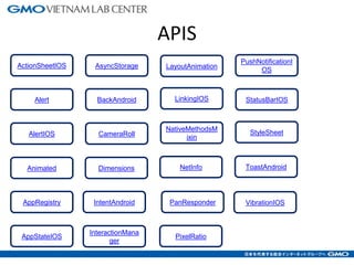 APIS
8
Alert
AlertIOS
Animated
AppRegistry
AppStateIOS
AsyncStorage
BackAndroid
CameraRoll
Dimensions
IntentAndroid
InteractionMana
ger
LayoutAnimation
LinkingIOS
NativeMethodsM
ixin
NetInfo
PanResponder
PixelRatio
PushNotificationI
OS
StatusBarIOS
StyleSheet
ToastAndroid
VibrationIOS
ActionSheetIOS
 
