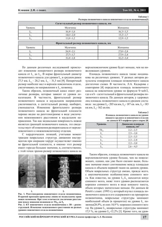 Клишин Д.Н. с соавт.                                                                         Том III, № 4, 2011

                                                                                                          Таблица 1
                                                     Размеры позвоночного канала поясничного отдела позвоночника[1]
                                 Сагиттальный размер позвоночного канала, мм
      Уровень                            Мужчины                                        Женщины
         L1                              16,4+-1,6                                       16,3+-1,5
         L3                              14,6+-2,0                                       15,2+-1,7
         L5                              11,8+-1,2                                       12,9+-1,5
                                 Фронтальный размер позвоночного канала, мм
      Уровень                            Мужчины                                        Женщины
         L1                              26,9+-2,1                                       27,0+-2,8
         L3                              27,7+-1,7                                       27,9+-2,4
         L5                              31,4+-1,8                                       32,2+-3,4


    По данным различных исследований происхо-              верхнепоясничном уровне будет меньше, чем на ни-
дит изменение поперечного размера позвоночного             жележащих уровнях.
канала от L1 до L5. В норме фронтальный диаметр               Площадь позвоночного канала также неодина-
позвоночного канала для уровня L3 в среднем равен          кова на различных уровнях. У разных авторов ре-
27,3 мм, L4 – 28,2 мм, L5 – 31,3 мм [9]. Поперечный        зультаты измерения площади позвоночного канала
размер наиболее мал в верхнем поясничном отделе,           достаточно схожи. В частности, Л.А. Кадырова с
увеличиваясь по направлению к L5 позвонку.                 соавторами [4] определяли площадь позвоночного
    Таким образом, позвоночный канал имеет раз-            канала на поясничном уровне по формуле S=axb/2,
личные размеры, которые зависят от уровня ло-              где a и b – сагиттальный и фронтальный размеры по-
кализации. В частности, фронтальный размер                 звоночного канала. По данным авторов, у здоровых
позвоночного канала в каудальном направлении               лиц площадь позвоночного канала в среднем соста-
увеличивается, а сагиттальный размер, наоборот,            вила : на уровне L1- 203 кв.мм, L2- 187 кв. мм, L3- 183
уменьшается. Изменение фронтального размера                кв.мм, L4- 162 кв.мм.
позвоночного канала во фронтальной плоскости
                                                                                                          Таблица 2
хорошо видно на рентгенограмме в виде увеличе-                                Площадь позвоночного канала на уровне
ния межножкового расстояния в каудальном на-                                  нижнего грудного и поясничного отделов
правлении. Так как медиальная поверхность ножки                                по данным КТ-морфометрии в норме [8]
является границей позвоночного канала, это свиде-                    Уровень                Диапазон площади
тельствует об изменении размеров канала от верхне-                                             канала, см2
поясничного к нижнепоясничному отделам.                                Th12                     2,2—2,5
    С хирургических позиций, учитывая момент                            L1                       2,5—3,0
тракции невральных структур, движения инстру-                           L2                       2,3—3,3
ментов при операции хирург осуществляет именно                          L3                      2,3—2,8
во фронтальной плоскости, и именно этот размер                          L4                       2,2—3,0
                                                                        L5                      2,6—4,5
имеет гораздо большее значение, и, соответственно,
с этой точки зрения размер позвоночного канала на
                                                               Таким образом, площадь позвоночного канала на
                                                           верхнепоясничном уровне больше, чем на нижеле-
                                                           жащих, однако, как уже было сказано выше, боль-
                                                           шее значение имеет соотношение между площадью
                                                           канала и объемом нервной ткани на данном уровне.
                                                           Объем невральных структур связан, прежде всего,
                                                           с анатомическими особенностями спинного моз-
                                                           га. Как известно, на уровне L1-L2 находится конус
                                                           спинного мозга, ниже этого уровня располагаются
                                                           корешки спинного мозга в виде конского хвоста,
                                                           объем которых значительно меньше. По данным de
	           1. 			                      2.                 Peretti с соавт. (1993 г.), который изучал площадь по-
Рис. 1. Рентгенограмма поясничного отдела позвоночника.    звоночного канала и его содержимого на препаратах
В прямой проекции проведены линии по медиальному краю
ножек позвонков. При этом отмечается увеличение расстоя-
                                                           позвоночника, невральные структуры занимают
ния между ножками позвонков от Th12 до S1                  наибольший объем (в процентах) на уровне L1 по-
Рис. 2. КТ поясничного отдела позвоночника с 3D – рекон-   звонка(26,9%, из них 14,9 % -корешки спинного моз-
струкцией. Изменение межножкового расстояния на разных     га). На уровне L3 неавральные структуры занимают
уровнях поясничного отдела позвоночника
                                                           17,5 %, на уровне L5-12,2% [1]. Кроме того, на уров-
Российский нейрохирургический журнал имени профессора А.Л. Поленова                                            17
 