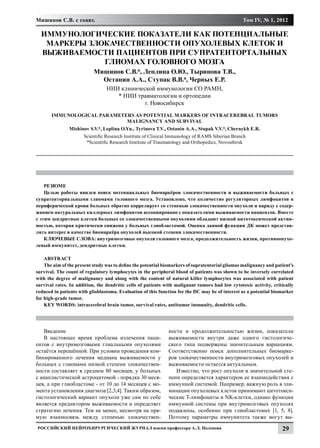 Мишинов С.В. с соавт.                                                                             Том IV, № 1, 2012

  Иммунологические показатели как потенциальные
   маркеры злокачественности опухолевых клеток и
  выживаемости пациентов при супратентортальных
              глиомах головного мозга
                           Мишинов С.В.*, Леплина О.Ю., Тыринова Т.В.,
                             Останин А.А., Ступак В.В.*, Черных Е.Р.
                                 НИИ клинической иммунологии СО РАМН,
                                    * НИИ травматологии и ортопедии
                                             г. Новосибирск
       Immunological parameters as potential markers of intracerebral tumors
                             malignancy and survival
               Mishinov S.V.*, Leplina O.Yu., Tyrinova T.V., Ostanin A.A., Stupak V.V.*, Chernykh E.R.
                      Scientific Research Institute of Clinical Immunology of RAMS Siberian Branch
                       *Scientific Research Institute of Traumatology and Orthopedics, Novosibirsk




    РЕЗЮМЕ
    Целью работы явился поиск потенциальных биомаркёров злокачественности и выживаемости больных с
супратенториальными глиомами головного мозга. Установлено, что количество регуляторных лимфоцитов в
периферической крови больных обратно коррелирует со степенью злокачественности опухоли и наряду с содер-
жанием натуральных киллерных лимфоцитов ассоциировано с показателями выживаемости пациентов. Вместе
с этим дендритные клетки больных со злокачественными опухолями обладают низкой цитотоксической актив-
ностью, которая критически снижена у больных глиобластомой. Оценка данной функции ДК может представ-
лять интерес в качестве биомаркёра опухолей высокой степени злокачественности.
    КЛЮЧЕВЫЕ СЛОВА: внутримозговые опухоли головного мозга, продолжительность жизни, противоопухо-
левый иммунитет, дендритные клетки.

    ABSTRACT
    The aim of the present study was to define the potential biomarkers of supratentorial gliomas malignancy and patient’s
survival. The count of regulatory lymphocytes in the peripheral blood of patients was shown to be inversely correlated
with the degree of malignancy and along with the content of natural killer lymphocytes was associated with patient
survival rates. In addition, the dendritic cells of patients with malignant tumors had low cytotoxic activity, critically
reduced in patients with glioblastoma. Evaluation of this function for the DC may be of interest as a potential biomarker
for high-grade tumor.
    KEY WORDS: intracerebral brain tumor, survival rates, antitumor immunity, dendritic cells.




   Введение                                                   ности и продолжительностью жизни, показатели
   В настоящее время проблема излечения паци-                 выживаемости внутри даже одного гистологиче-
ентов с внутримозговыми глиальными опухолями                  ского типа подвержены значительным вариациям.
остаётся нерешённой. При условии проведения ком-              Соответственно поиск дополнительных биомарке-
бинированного лечения медиана выживаемости у                  ров злокачественности внутримозговых опухолей и
больных с глиомами низкой степени злокачествен-               выживаемости остается актуальным.
ности составляет в среднем 80 месяцев, у больных                 Известно, что рост опухоли в значительной сте-
с анапластической астроцитомой - порядка 30 меся-             пени определяется характером ее взаимодействия с
цев, а при глиобластоме - от 10 до 14 месяцев с мо-           иммунной системой. Например, важную роль в эли-
мента установления диагноза [2,3,4]. Таким образом,           минации опухолевых клеток принимают цитотокси-
гистологический вариант опухоли уже сам по себе               ческие Т-лимфоциты и NK-клетки, однако функции
является предиктором выживаемости и определяет                иммунной системы при внутримозговых опухолях
стратегию лечения. Тем не менее, несмотря на пря-             подавлены, особенно при глиобластомах [1, 5, 8].
мую взаимосвязь между степенью злокачествен-                  Поэтому параметры иммунитета также могут вы-
Российский нейрохирургический журнал имени профессора А.Л. Поленова                                                 29
 