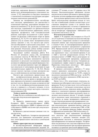 Усачев В.И. с соавт.                                                                Том IV, № 1, 2012

дизритмия, нарушение фазности (плавающие дви-         следовано 277 человек, из них 113 здоровых лиц и 164
жения глаз), разнонаправленность спонтанного ни-      больных. Нистагмологические наблюдения детских
стагма [7, 8], совпадение его быстрого компонента     контингентов составили 146 пациента, преимуществен-
с тоническим отклонением тела (синдром дисгармо-      но больные детским церебральным параличом (ДЦП).
низации соматических реакций) [8].                       Для изучения вращательного нистагма была вы-
    Значение же экспериментального вестибуляр-        брана синусоидальная программа исходя из того,
ного нистагма, применяемого для диагностики в         что она в наибольшей степени соответствует есте-
клинической практике, некоторыми авторами под-        ственным поворотам головы и по данным боль-
вергается сомнению [7, 9]. До сих пор нет определе-   шинства исследователей, в отличие от вращения по
ния нистагма, отражающего его физиологическую         трапециевидной программе, не вызывает торможе-
сущность. В многочисленных дефинициях, конста-        ния (в литературе: «привыкания – habituation» или
тирующих двухфазность этой глазодвигательной          «угасания») нистагма [3, 20, 21].
реакции, некоторые исследователи a priori припи-         Результаты исследования.
сывают ей функцию стабилизации взора во время            Этап I. У 78 здоровых лиц в возрасте от 19 до 35
вращения [3, 10, 11]. В то же время они и их после-   лет (72 мужчины и 6 женщин) изучался вестибуляр-
дователи [12] на основе своих экспериментальных       ный нистагм с закрытыми глазами и в светонепро-
данных заявляют о том, что нистагм при сочета-        ницаемой повязке при синусоидальном вращении
нии вестибулярной и зрительной стимуляции – это       в течение 9 мин. на электровращающемся кресле с
не простая суммация двух реакций, а качественно       устройством числового программного управления
иная реакция. Отдельные учёные вообще считают         2Р32. Вращательный нистагм регистрировался би-
нистагм «физиологической бессмыслицей» [13].          темпорально с помощью усилителя биопотенциа-
    Заслуживает особого внимания работа В.А.          лов переменного тока с постоянной времени 5 сек
Филина об автоматии саккад [14], поставившая          и АЦП с частотой дискретизации сигнала 70 Гц
под сомнение гипотезу B. McCabe [15] о фрагмен-       непосредственно в ПЭВМ. После регистрации по-
тирующей роли быстрым компонентом нистагма            средством специальной программы проводилась
медленного в результате постепенного повышения        компьютерная обработка нистагма. Синхронно ре-
активности нейронов ретикулярной формации ство-       гистрировался график скорости вращения кресла.
ла мозга при распространении через неё афферент-      Параметры стимуляции: амплитуда – 1800, период
ных импульсов от ампулярных рецепторов на ядра        – 10 с, максимальная скорость – 500/с.
глазодвигательных нервов [16, 17, 18]. В.А. Филин        В процессе длительного вращения у 71 испы-
считает нистагм частным случаем автоматии сак-        туемого произошло уменьшение количества ни-
кад, со свойственным им постоянством ритма.           стагменных циклов в среднем на 75,34%, скорости
    Нистагм при клинических вращательных про-         медленного компонента (СМК) нистагма – на 46,72%
бах – патофизиологическая реакция, так как она        и скорости быстрого компонента (СБК) нистагма –
реализуется без участия зрения и проприоцепторов      на 67,18% (р<0,001).
шеи, нарушая естественность взаимодействия аффе-         Кроме того, у 24-х испытуемых отмечалось ис-
рентных систем. Данная ситуация осложняется ещё       чезновение вестибулярного нистагма на 1-5 минутах
и тем, что эта патофизиологическая реакция изуча-     вращения. В пяти случаях после этого он больше не
ется не у здорового, а у больного человека, то есть   возобновлялся. У пятнадцати испытуемых нистагм
при патологии, когда следует вести речь о патологи-   периодически исчезал, появлялся вновь, преобразо-
ческих реакциях [19].                                 вывался в тоническую реакцию противовращения
    Этапы и задачи исследования:                      глаз, появлялся вновь на фоне последней в виде от-
    I этап. Изучить особенности вестибулярного ни-    дельных нистагменных циклов. У четырёх человек
стагма при синусоидальном вращении.                   после описанных выше циклических изменений с
    II этап.                                          3-5 минуты до конца эксперимента наблюдалась
    А. Провести сравнительную оценку вести-           только тоническая реакция противовращения глаз.
булярного (ВН), опто-вестибулярного (ОВН),               Важной особенностью вестибулярного нистагма
цервико-вестибулярного (ЦВН) и цервико-опто-ве-       при синусоидальном вращении явилась также вы-
стибулярного (ЦОВН) нистагмов при синусоидаль-        явленная нестабильность асимметрии СМК и СБК.
ном вращении.                                         На рис. 1. для примера приведен график динамики
    Б. Выяснить диагностическое значение этих ти-     коэффициентов асимметрии СМК испытуемого Д.
пов нистагма.                                            Установленное нами торможение вестибуляр-
    III этап. Разработать Аппаратно-программный       ного нистагма при синусоидальном вращении
комплекс для проведения исследования различ-          согласуется с данными японских авторов [22].
ных типов вращательного нистагма в клинической        Преобразование нистагма в тоническую реакцию
практике.                                             противовращения глаз выявлено впервые. Эти фено-
    Общая характеристика исследования.                мены мы расценили как следствие нефизиологично-
    В вестибулометрической лаборатории кафедры        сти нистагменной реакции при пассивном вращении
отоларингологии Военно-медицинской академии об-       человека и устранении зрительной афферентации.
Российский нейрохирургический журнал имени профессора А.Л. Поленова                                  49
 