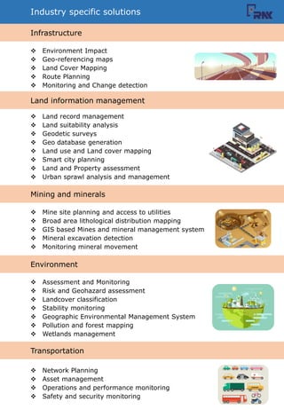 Industry specific solutions
? Environment Impact
? Geo-referencing maps
? Land Cover Mapping
? Route Planning
? Monitoring and Change detection
? Land record management
? Land suitability analysis
? Geodetic surveys
? Geo database generation
? Land use and Land cover mapping
? Smart city planning
? Land and Property assessment
? Urban sprawl analysis and management
? Mine site planning and access to utilities
? Broad area lithological distribution mapping
? GIS based Mines and mineral management system
? Mineral excavation detection
? Monitoring mineral movement
? Assessment and Monitoring
? Risk and Geohazard assessment
? Landcover classification
? Stability monitoring
? Geographic Environmental Management System
? Pollution and forest mapping
? Wetlands management
? Network Planning
? Asset management
? Operations and performance monitoring
? Safety and security monitoring
Infrastructure
Land information management
Mining and minerals
Environment
Transportation
 