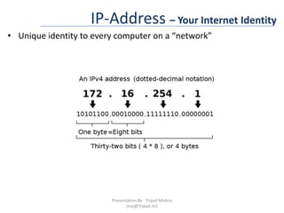 IP-Address – Your Internet IdentityUnique identity to every computer on a “network”Presentation By : Tripad Mishra (me@Tripad.im)