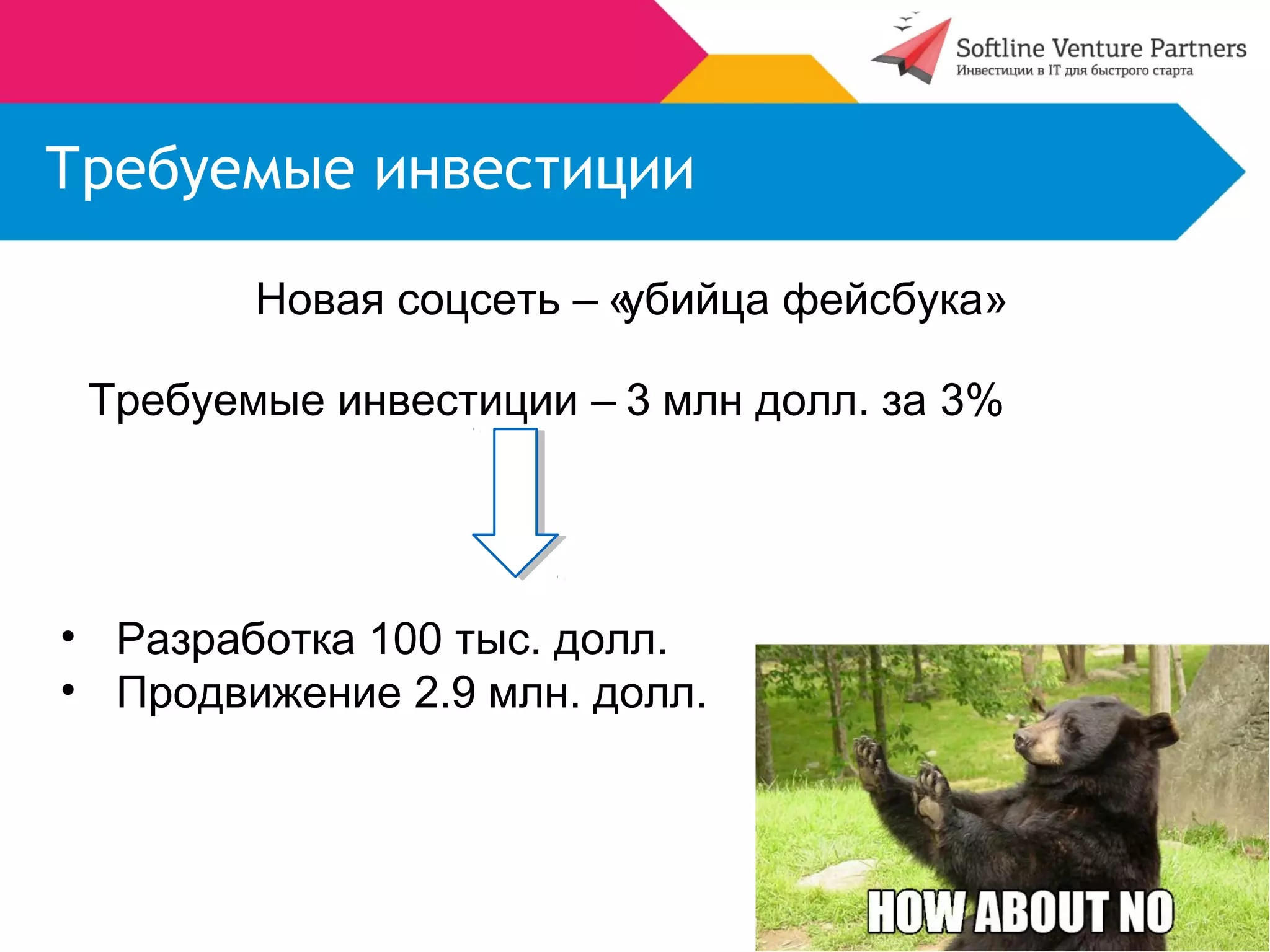 Требуемые инвестиции 
Новая соцсеть – «убийца фейсбука» 
Требуемые инвестиции – 3 млн долл. за 3% 
• Разработка 100 тыс. долл. 
• Продвижение 2.9 млн. долл. 
 