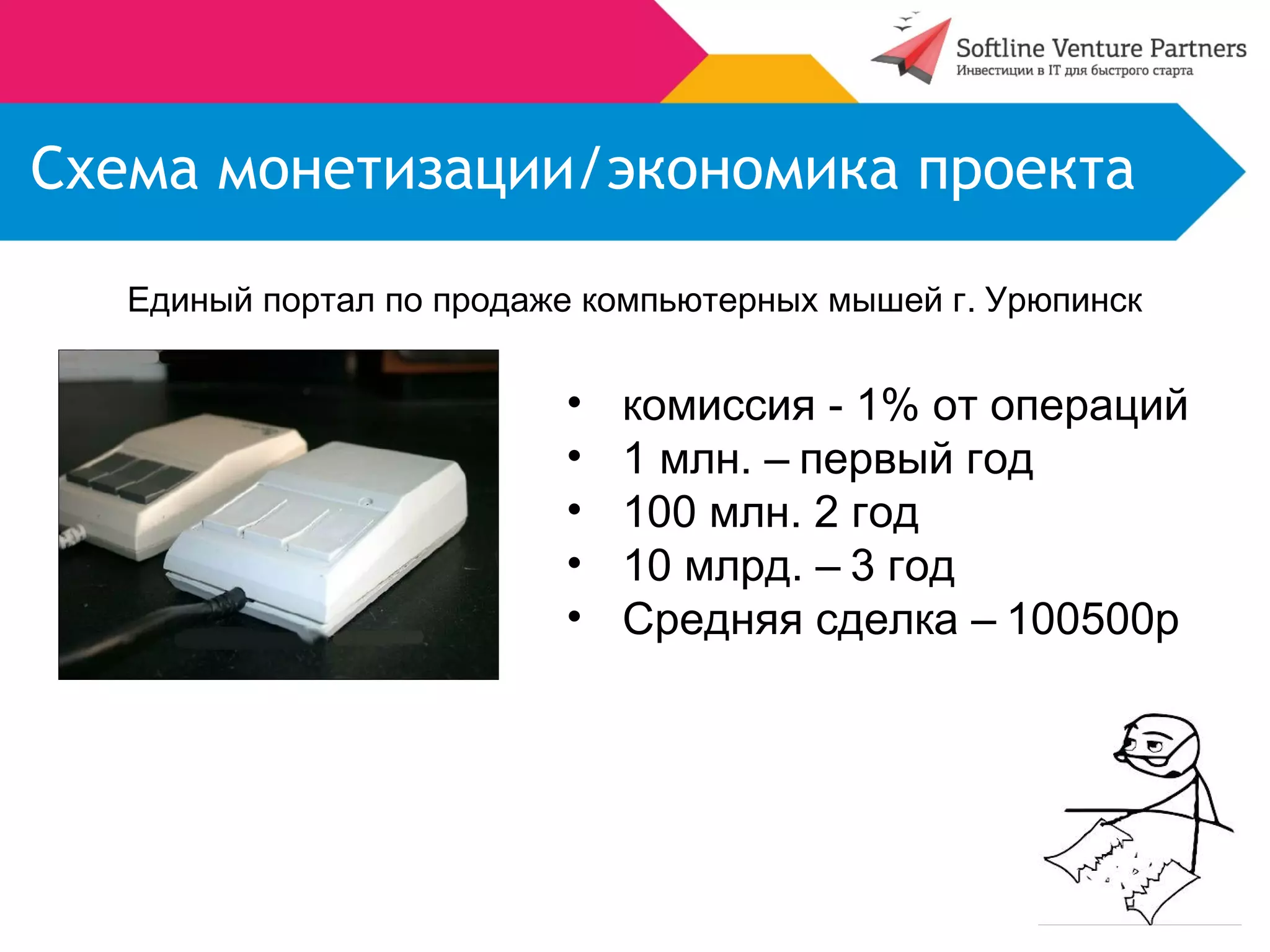 Схема монетизации/экономика проекта 
Единый портал по продаже компьютерных мышей г. Урюпинск 
• комиссия - 1% от операций 
• 1 млн. – первый год 
• 100 млн. 2 год 
• 10 млрд. – 3 год 
• Средняя сделка – 100500р 
 