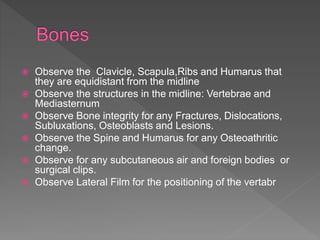  Observe the Clavicle, Scapula,Ribs and Humarus that
they are equidistant from the midline
 Observe the structures in the midline: Vertebrae and
Mediasternum
 Observe Bone integrity for any Fractures, Dislocations,
Subluxations, Osteoblasts and Lesions.
 Observe the Spine and Humarus for any Osteoathritic
change.
 Observe for any subcutaneous air and foreign bodies or
surgical clips.
 Observe Lateral Film for the positioning of the vertabr
 