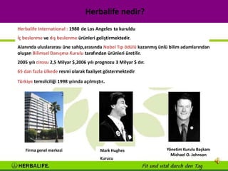 Herbalife nedir?
                          Herbalife nedir?
Herbalife International : 1980 de Los Angeles ta kuruldu
İç beslenme ve dış beslenme ürünleri geliştirmektedir.
Alanında uluslararası üne sahip,arasında Nobel Tıp ödülü kazanmış ünlü bilim adamlarından
oluşan Bilimsel Danışma Kurulu tarafından ürünleri üretilir.
2005 yılı cirosu 2,5 Milyar $,2006 yılı prognozu 3 Milyar $ dır.
65 dan fazla ülkede resmi olarak faaliyet göstermektedir
Türkiye temsilciliği 1998 yılında açılmıştır.




    Firma genel merkezi                   Mark Hughes                Yönetim Kurulu Başkanı
                                                                       Michael O. Johnson
                                          Kurucu
 