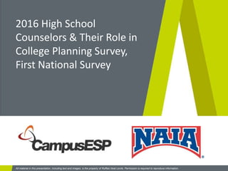 Ruffalo Noel Levitz
All material in this presentation, including text and images, is the property of Ruffalo Noel Levitz. Permission is required to reproduce information.
2016 High School
Counselors & Their Role in
College Planning Survey,
First National Survey
 
