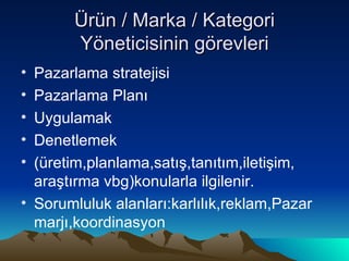 Ürün / Marka / Kategori Yöneticisinin görevleri Pazarlama stratejisi Pazarlama Planı Uygulamak Denetlemek (üretim,planlama,satış,tanıtım,iletişim, araştırma vbg)konularla ilgilenir. Sorumluluk alanları:karlılık,reklam,Pazar marjı,koordinasyon 