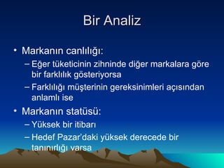 Bir Analiz Markanın canlılığı: Eğer tüketicinin zihninde diğer markalara göre bir farklılık gösteriyorsa Farklılığı müşterinin gereksinimleri açısından anlamlı ise Markanın statüsü: Yüksek bir itibarı Hedef Pazar’daki yüksek derecede bir tanınırlığı varsa 