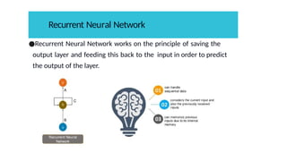●Recurrent Neural Network works on the principle of saving the
output layer and feeding this back to the input in order to predict
the output of the layer.
Recurrent Neural Network
 