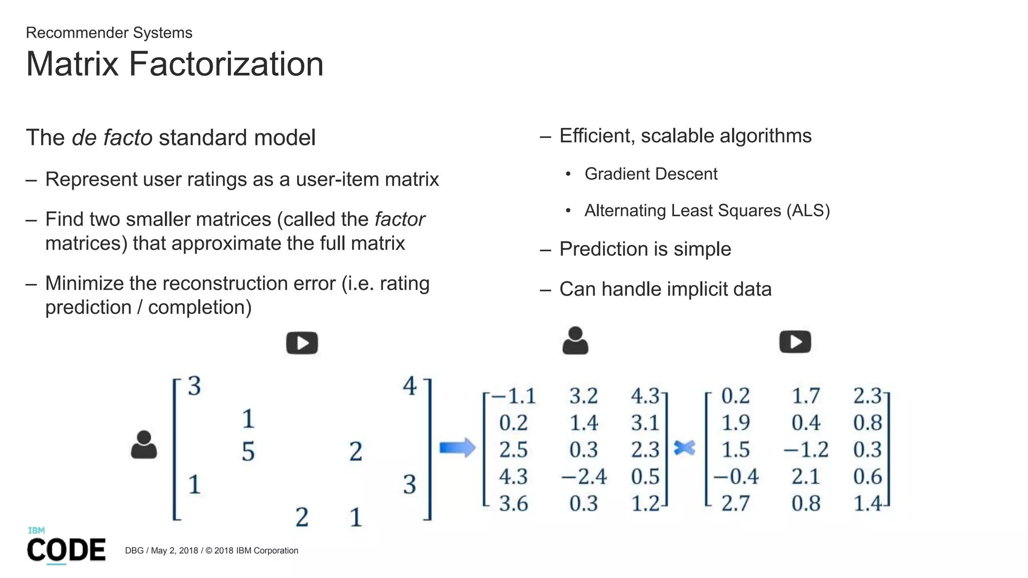 Matrix Factorization
DBG / May 2, 2018 / © 2018 IBM Corporation
Recommender Systems
The de facto standard model
– Represent user ratings as a user-item matrix
– Find two smaller matrices (called the factor
matrices) that approximate the full matrix
– Minimize the reconstruction error (i.e. rating
prediction / completion)
– Efficient, scalable algorithms
• Gradient Descent
• Alternating Least Squares (ALS)
– Prediction is simple
– Can handle implicit data
 