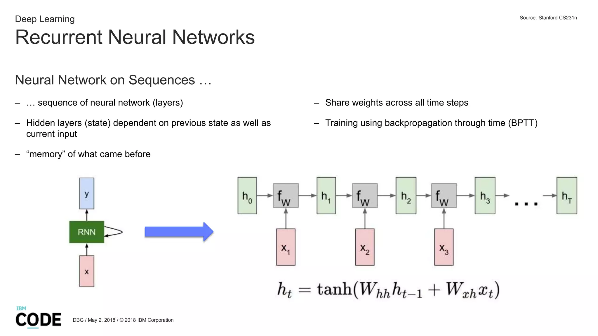 Recurrent Neural Networks
DBG / May 2, 2018 / © 2018 IBM Corporation
Deep Learning
Neural Network on Sequences …
– … sequence of neural network (layers)
– Hidden layers (state) dependent on previous state as well as
current input
– “memory” of what came before
Source: Stanford CS231n
– Share weights across all time steps
– Training using backpropagation through time (BPTT)
 