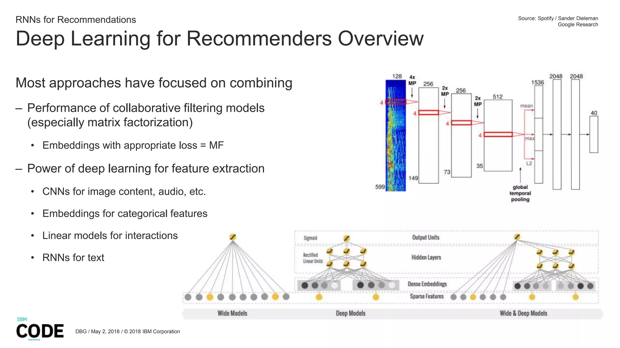 Deep Learning for Recommenders Overview
DBG / May 2, 2018 / © 2018 IBM Corporation
RNNs for Recommendations
Most approaches have focused on combining
– Performance of collaborative filtering models
(especially matrix factorization)
• Embeddings with appropriate loss = MF
– Power of deep learning for feature extraction
• CNNs for image content, audio, etc.
• Embeddings for categorical features
• Linear models for interactions
• RNNs for text
Source: Spotify / Sander Dieleman
Google Research
 